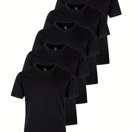 5pcs Multi Color Men's Solid Comfy Cotton Casual T-Shirts Set, Basic Crew Neck Tees For Summer Sports